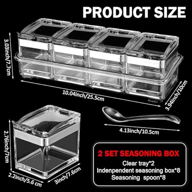 2 Set Acrylic Seasoning Organizer Box 8 Pcs Clear Seasoning Rack Spice Pots Condiments Containers with Lids and Spoons Storage Container Spice Jar for Salt Sugar Cruet Kitchen Cooking Organizer
