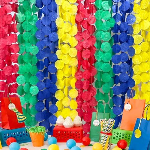 Image of 205Ft Mario Party Decorations Red Green Blue Yellow Big Polka Dot Tissue Paper Backdrop Streamer Circle Dot Hanging Garland for Birthday Carnival Circus Clown Fiesta Colorful Party Supplies
