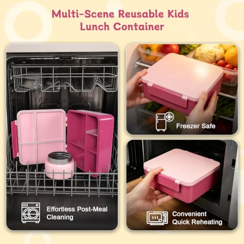Image of Kids Lunch Box 4 Compartment Bento with 8oz Food Jar，Pink