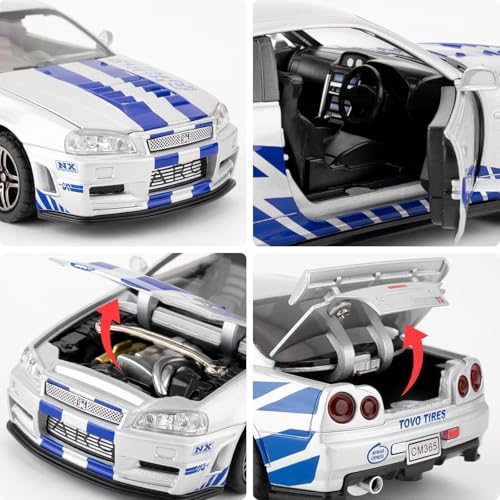 Image of 1:24 Nissan Skyline GT-R R34 Diecast Model Car, Pull Back Toy with Sound & Light, Collectible for Kids & Adults (Silver)