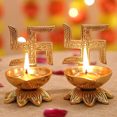 Image of Behoma 100% Pure Brass Swastik Diya Set of 2 for Puja | Traditional Handcrafted Brass Oil Lamp Diya for Home, Temple, Office, Pooja Room Decoration, Festive Rituals & Housewarming Gift Item