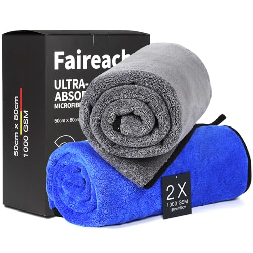 Faireach 80x50 CM XL Chiffons en Microfibre Voiture Lot de 2, Chiffon de Séchage pour Voiture 1000GSM Chiffons de Polissage pour Auto Motocyclette l'entretien...