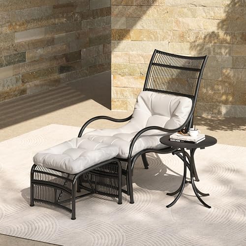 LIFE SKY 3 Piece Patio Furniture Set: Modern Wicker Lounge Chair with Ottoman & Side Table - Compact Balcony Set for Urban Outdoor Relaxation & Coffee Reading Space