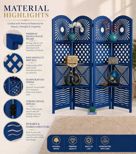 Image of Wooden Room Divider Partition Screen with Shelves | Foldable Decorative Privacy Separator Panel for Living Room, Bedroom, Office & Hall | Modern Blue Finish Home Decor