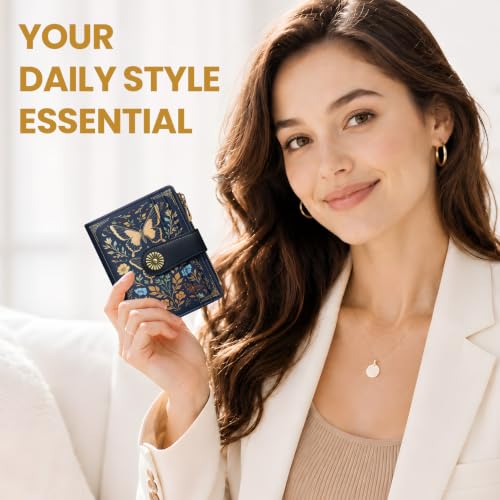 Image of Small Wallet for Women, RFID Blocking Bifold Card Holder Wallet with 10 Card Slots, Cash Compartment, Zipper Coin Pocket & ID Window, Cute Soft Vegan Leather Compact Wallet, Golden Butterfly