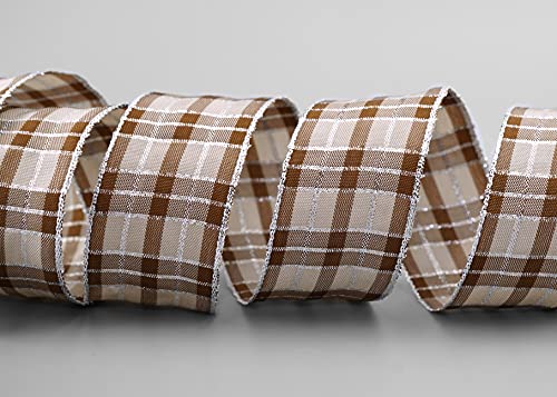 finemark 20 m x 40 mm Checked Christmas Ribbon Taupe Silver (225) with Lurex Wire Edge Ribbon Decorative Ribbon Gift Ribbon Tartan Check Shiny Ribbon Gold Edge Wire Ribbon Winter Christmas Check - Image 4