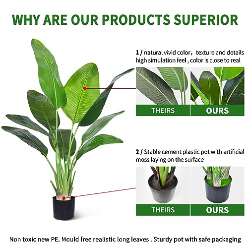 Artificial Bird of Paradise Plant, Fake Tree with Realistic Leaves and Durable pots, Adjustment-Free Branches Artificial Tree for Indoor Outdoor Home Decor (4FT 2Packs)