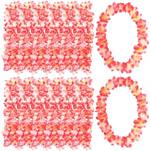 JUNEBRUSHS 24 Pack Hawaiian Leis Flower Necklaces Pink Wreath Garland for Tropical Luau Party Decorations Graduation Summer Beach Wedding Birthday Engagement Events