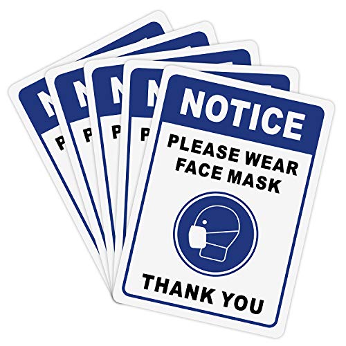 Please Wear Face Mask Sticker Sign 5 Pack, 10" x 7" Plastic Face Mask Sticker, Laminated for Ultimate Protection & Durability Easy to Stick - Use for Doors, Windows, Walls - by HISVISION
