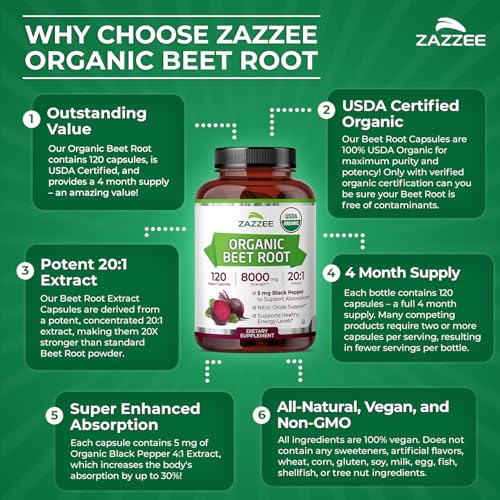 Image of Zazzee USDA Organic Beet Root 20:1 Extract, 120 Quick Release Capsules