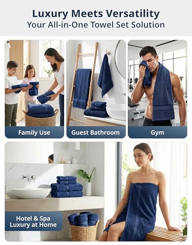 Image of Lane Linen Luxury Bath Towels Set - 6 Piece Set, 100% Cotton Bathroom Towel, Zero Twist, Quick Dry Shower Towels, Extra Soft Absorbent Towel, 2 Bath Towels, 2 Hand Towels, 2 Wash Cloths - Navy