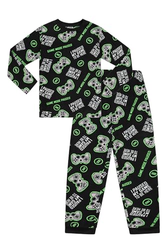 Pijama largo de forro polar para niños con texto en inglés 'I Paused My Game To Be Here', Negro, 15-16 años