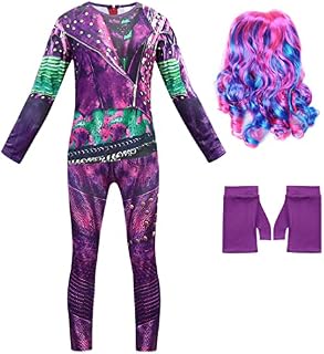 Febbabe Mal Descendants Costumes for Girls Jumpsuit and Glove Birthday Halloween Christmas Party Cosplay Outfits with Wig Purple Age 5-6 Years