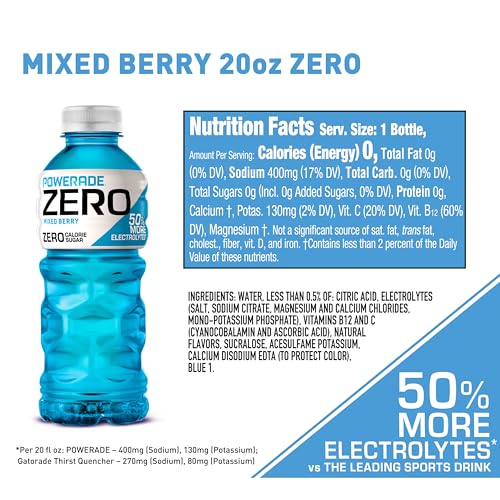 Image of POWERADE Electrolyte Enhanced Zero Sugar Mixed Berry Sports Drink, 20 Ounce (Pack of 8)