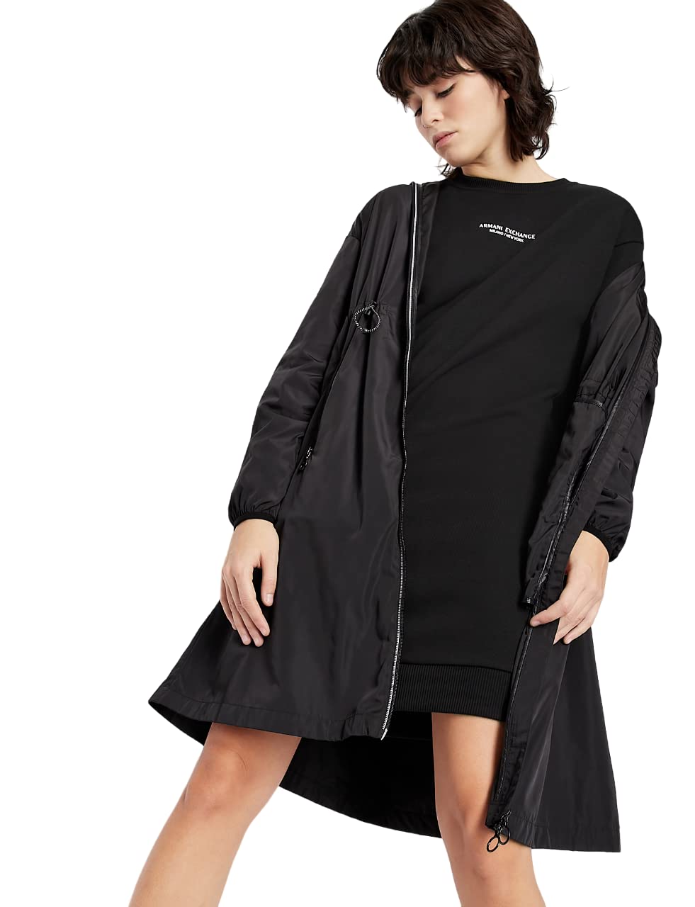 Armani Exchange Women's Essential Milano/New York Logo Lettering Casual Dress, Black, L