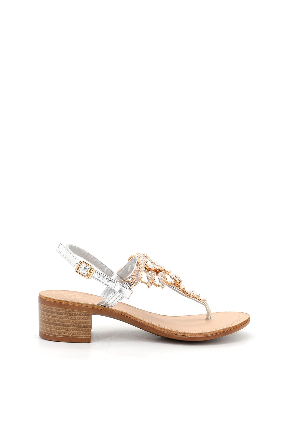 QUEEN HELENA Sandali Gioiello Infradito con Tacco Basso con Strass Eleganti Donna Y6024 (Argento, Sistema Taglie Calzature EU, Adulto, Donna, Numero, Media, 39)