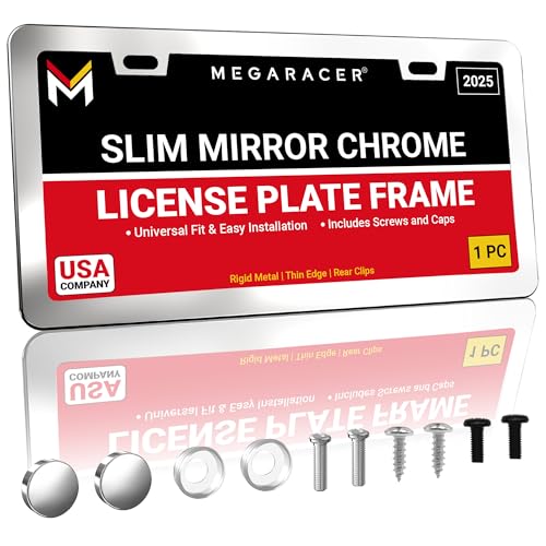 Image of Premium Slim Mirror Chrome License Plate Frame - 1 Piece, Rust-Free Stainless Steel, Rattle-Free, Street Legal Universal with Screw Caps, Thin Silver Metal Front or Rear Car Tag Holder for Men & Women