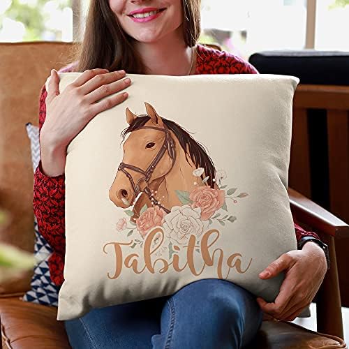 Personalised Floral Horse Cushion Cover, Girls Gifts For Birthday Christmas 100% Cotton Square Home Throw Pillow and Insert for Couch, Sofa, Chair, Bedroom or Living Room, Cover & Pad, Natural