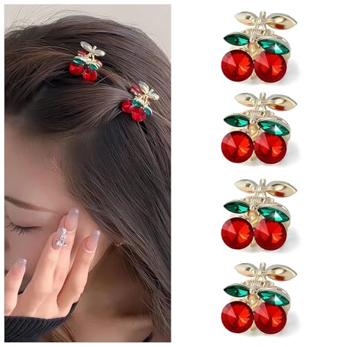 Metal strip drill Mini Cherry Hair Clips Cute Rhinestone Claw Clips for Women Girls Small Cherry Claw Clip for Half Up Styles Ponytail Clip Decorative Rhinestone Hair Accessories (4pcs)