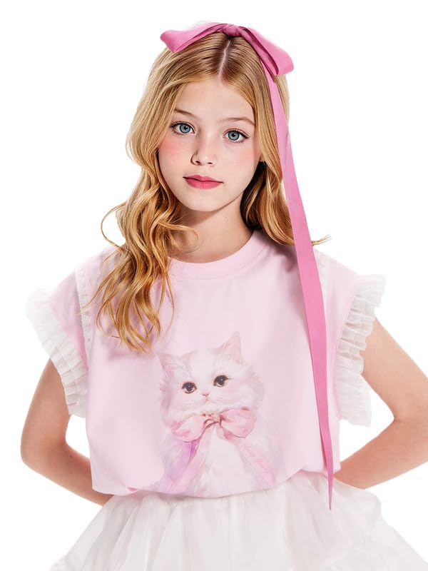 Girls Ruffle Sleeve Shirts Summer Crewneck Casual T Shirts Cat Cute Top for Girl 6-16 Years