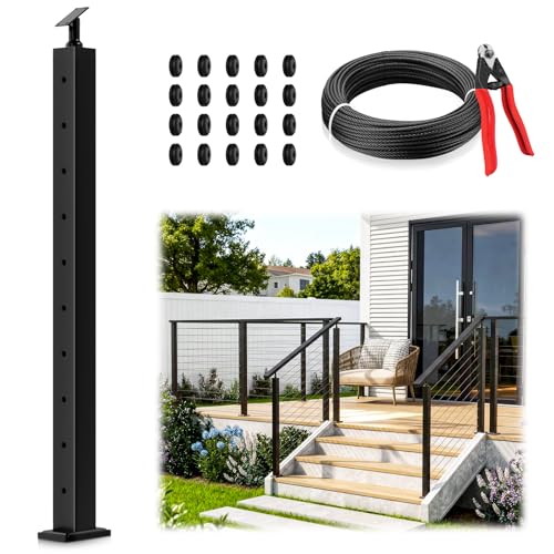 Image of 36 Inch Stair Cable Railing Post for Porch, Black Staircase Railing System for Outdoor Porch Wood Post, Including 1 Pack Sair Rail Post, 50FT Black 1 /8 inch Cable, 10 Thread Swage Lag Screws