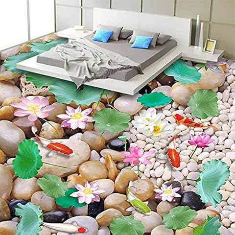 Pebble Lotus Carp 3D Landscape Flooring Tiles Mural Wallpaper Bathroom Bedroom PVC Vinyl Floor Stickers-400X320Cm3D Stereo Flooring Bathroom Stickers Cover