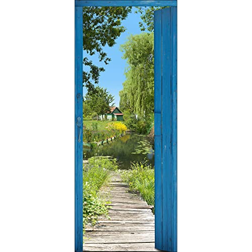 Sticker porte, ponton au bord d'un marais avec une nature verdoyante, 204 cm X 60 cm
