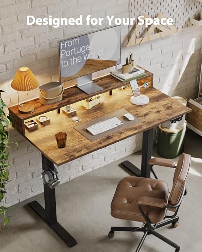 Image of Agilestic 48x24 Inch Electric Standing Desk with Shelf, Height Adjustable Desk with Power Outlet & LED, Sit Stand Up Table with Monitor Stand, Computer Workstation, Rustic Brown
