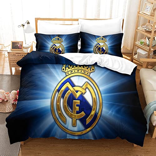 WINUO Equipo de Fútbol Real Madrid Juego de Funda Nórdica 135X200cm (Cama de 90) Funda de Edredón de Microfibra Suave con 2 Fundas de Almohada 50x75
