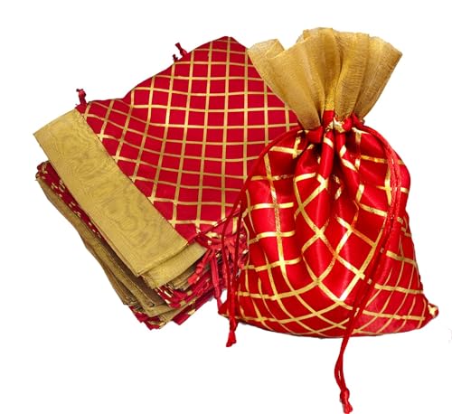 Image of 13CM X 18CM Small Drawstring Bags Pouches Potli for Gift Wedding Jewelry Packaging Bridal Party Favors for Women (15pc Pack, Red Color Golden Berfi Print)
