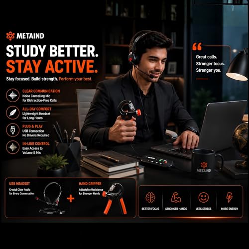 Image of Metaind USB Headset with Noise Cancelling Mic Meta MT440 & Adjustable Hand Gripper Combo | Wired Headphones for Office, Gaming, Online Classes, Work from Home