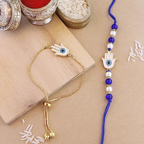 Image of I Jewels Hamsa Enamel Evil Eye Lumba Rakhi Set for Brother and Bhabhi with Roli Chawal and Rakshabandhan Card | Couple Rakhi