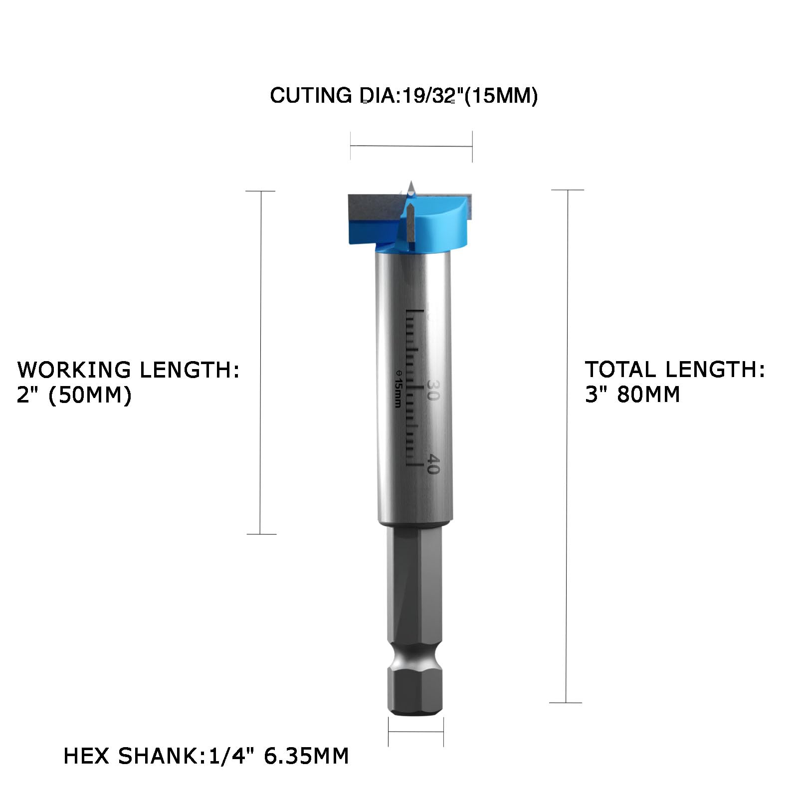 Forstner - Broca de 3/5 pulgadas (15 mm), brocas Forstner para carpintería, carburo de tungsteno, abridor de sierra de madera, broca hexagonal con profundidad de ajuste, 1 llave Allen