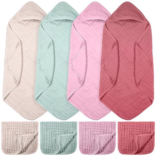 Image of VitalCozy 8 Pcs Baby Muslin Hooded Bath Towels and Washcloths, Muslin Hooded Baby Towels Absorbent Blankets for Gift Newborn Infant Shower (Vivid Color)