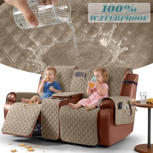 Image of Ruaozz Waterproof Recliner Loveseat Cover with Console, Non-Slip Couch Cover Pet Cover for Double Recliner Split Sofa Cover with Elastic Straps for Kids, Dogs, Pets (Pale Beown, 2 Seater)