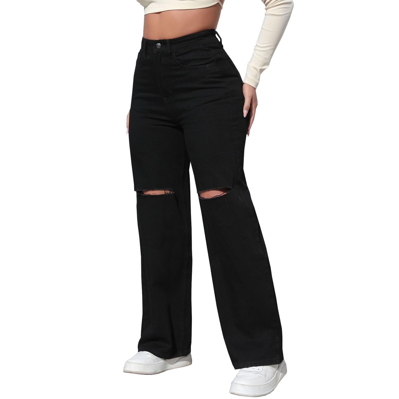 LONGBIDA Womens High Waist Ripped Straight Wide Leg Baggy Jeans Y2k Boyfriend Distressed Loose Denim Pants
