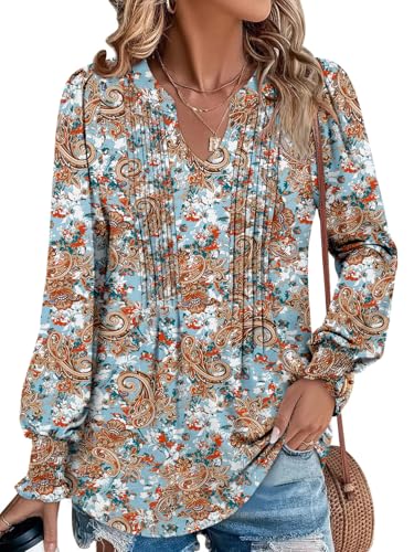 BETTE BOUTIK Long Sleeve Shirts for Women Fall Tops Dressy Blouses Pleated V Neck Tunic Tops for Leggings S-3XL