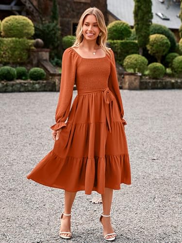 Image of Simplee Womens Long Sleeve Maxi Dress Casual Square Neck Smocked Flowy Fall Wedding Guest Dresses