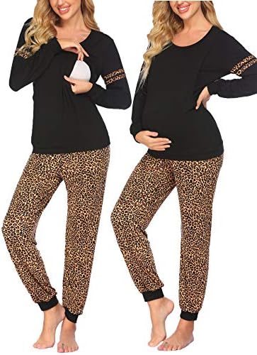 Ekouaer Maternity & Nursing Thermal Underwear Set Leopard Knit Long Johns Set Top & Bottom Base Layer for Pregnant Women