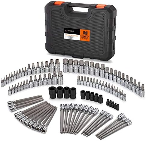RIMKOLO 107-Piece Bit Socket Set,1/4",3/8"and 1/2" Drive Torx/Extra Long Torx/Tamper Proof Torx/Hex/Ball End Hex SAE & Metric Bit Set,S2 Steel Bits