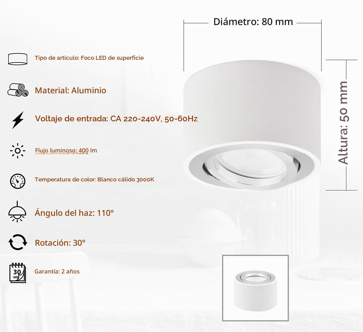 KYOTECH Focos LED Techo Orientables Pack de 4 - Plafón Superficie Con Bombilla 5W, Módulo LED Blanco Cálido 3000K, 400LM, Ronda Blanco, Interior