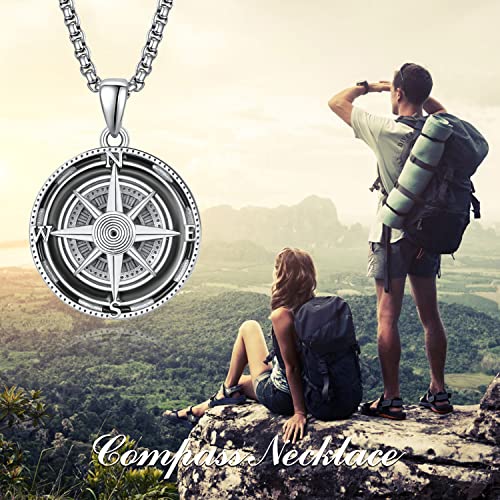 Compass Pendant For Men 925 Sterling Sliver Compass Jewellery Graduation Gift Necklace For Friends, Birthday Anniversary Jewelry Gift Husband Boy With Stainless Steel Pearl Chain 22“+2”Inch(60Cm) #TOP1