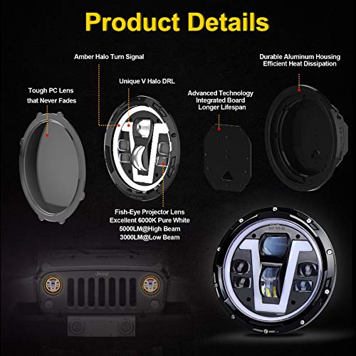 Jk Headlights, Ovotor 7 Inch Led Headlights With V Type White Drl Amber Halo Turn Signal Compatible With Jeep Wrangler Jk Jku Tj Lj Cj Hummer H1 H2 #TOP2