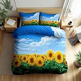 Sonnenblumenfeld Bettwäsche Set 200x200 cm für Kinder Jungen und Mädchen Schlafzimmer Dekor, Weiches Mikrofaser Blau Wendebettbezug mit Reißverschluss und 2 Kissenbezug 80x80 cm