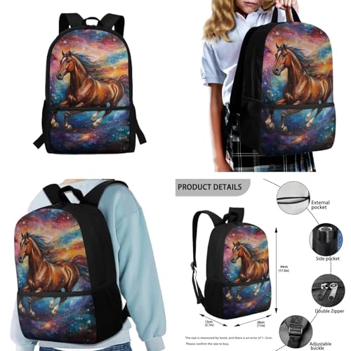 COEQINE Space Horses Print Backpack for Boys Girls Bookbag with Lunch Box & Pencil Case & Water Bottle Sleeve 4 in 1 Casual Outdoor Daypack Back to School Gifts2