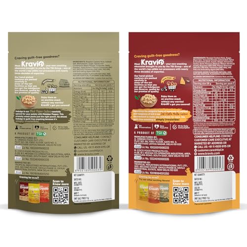 Image of Kravio Premium Black Pepper & Imli Khatta Meetha Roasted Cashew Nuts (2 X 200g) | Zero Cholesterol Natural Jumbo Size Whole Kaju Nuts & Dry Fruits | Rich in Protein, Crunchy Delicious Healthy Snacks