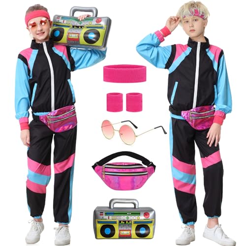 Hislovy Disfraz años 80 90 para Niñas Niños Disfraces Traje de Chándal de los 80 Traje de Aeróbic Conjuntos Deportivos Carnaval Fiesta Halloween, Negro, 9-10 años