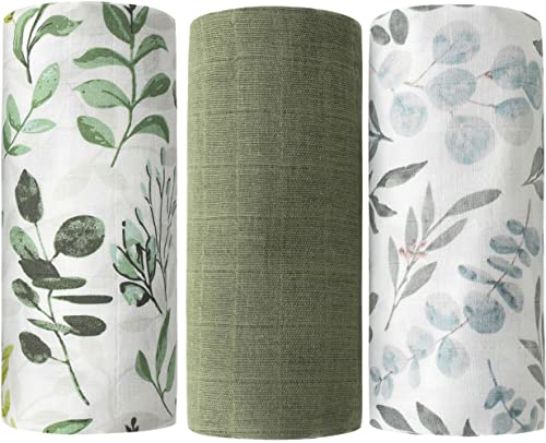 Image of YiGuDiGu Bamboo Muslin Swaddle Blankets - 3 Pack Green Leaves Baby Swaddle Wrap for Boys and Girls(3 Pack Green)