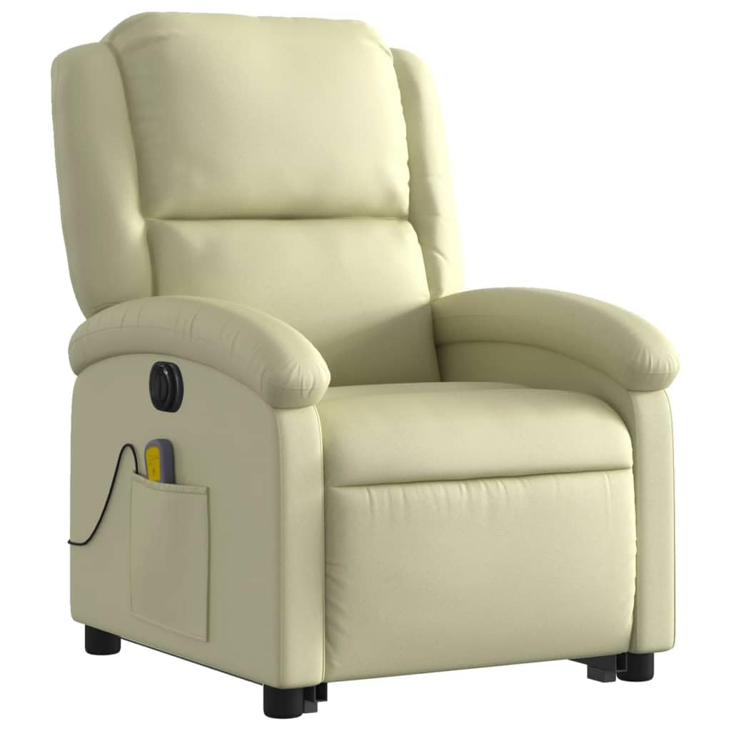 Massagesessel elektrisch mit Aufstehhilfe in Creme Echtleder, 6-Punkt Vibrationsmassage, verstellbare Rückenlehne bis 135 Grad, mit Holz-Metall-Gestell, Seitentasche für Fernbedienung