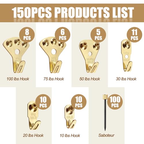 150Pcs Heavy Duty Picture Hangers Kit, Supports 10-100 lbs – Premium Wall Hanging Hooks with Nails for Drywall & Wood, Ideal for Pictures, Clocks, Mirrors, and Home Decor - Image 2